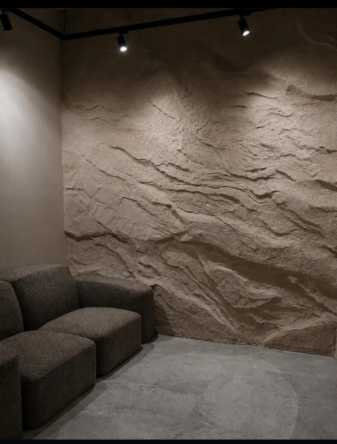 Illuminated hand-sculpted rock surface from the QuasiStein portfolio